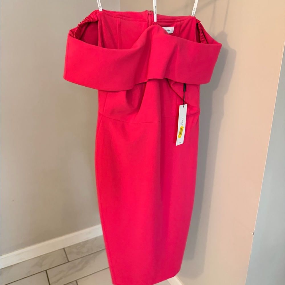 Calvin Klein Strapless Off-Shoulder Sheath Dress in Bright Pink